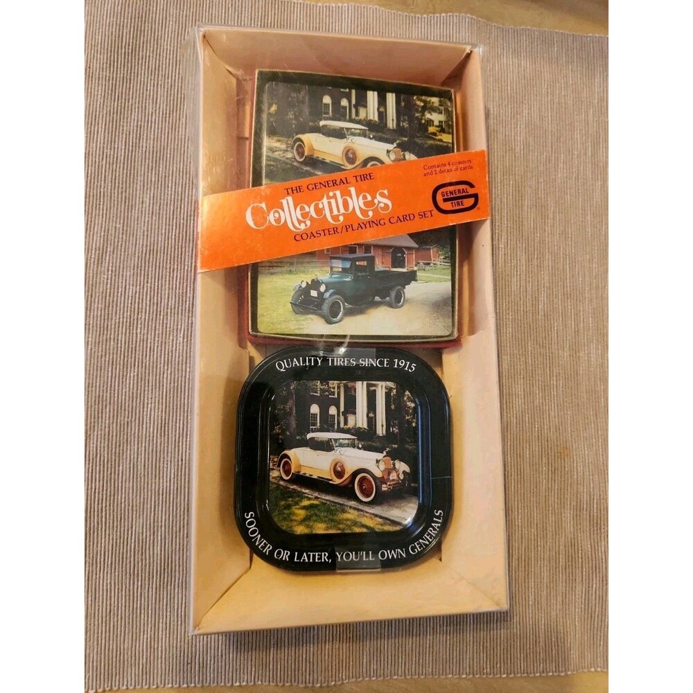 Vintage General Tire Cars Collectibles Coaster (4) & 2 Playing Card Set Sealed